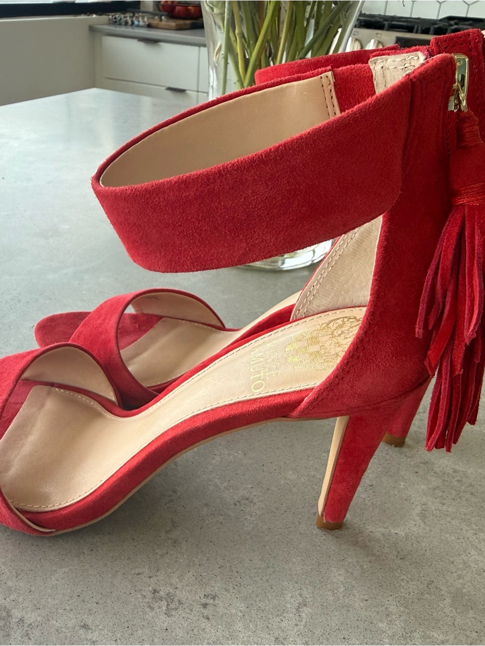 Vince Camuto Red Suede Ankle-Strap Stiletto Sandals - Picture 2 of 3